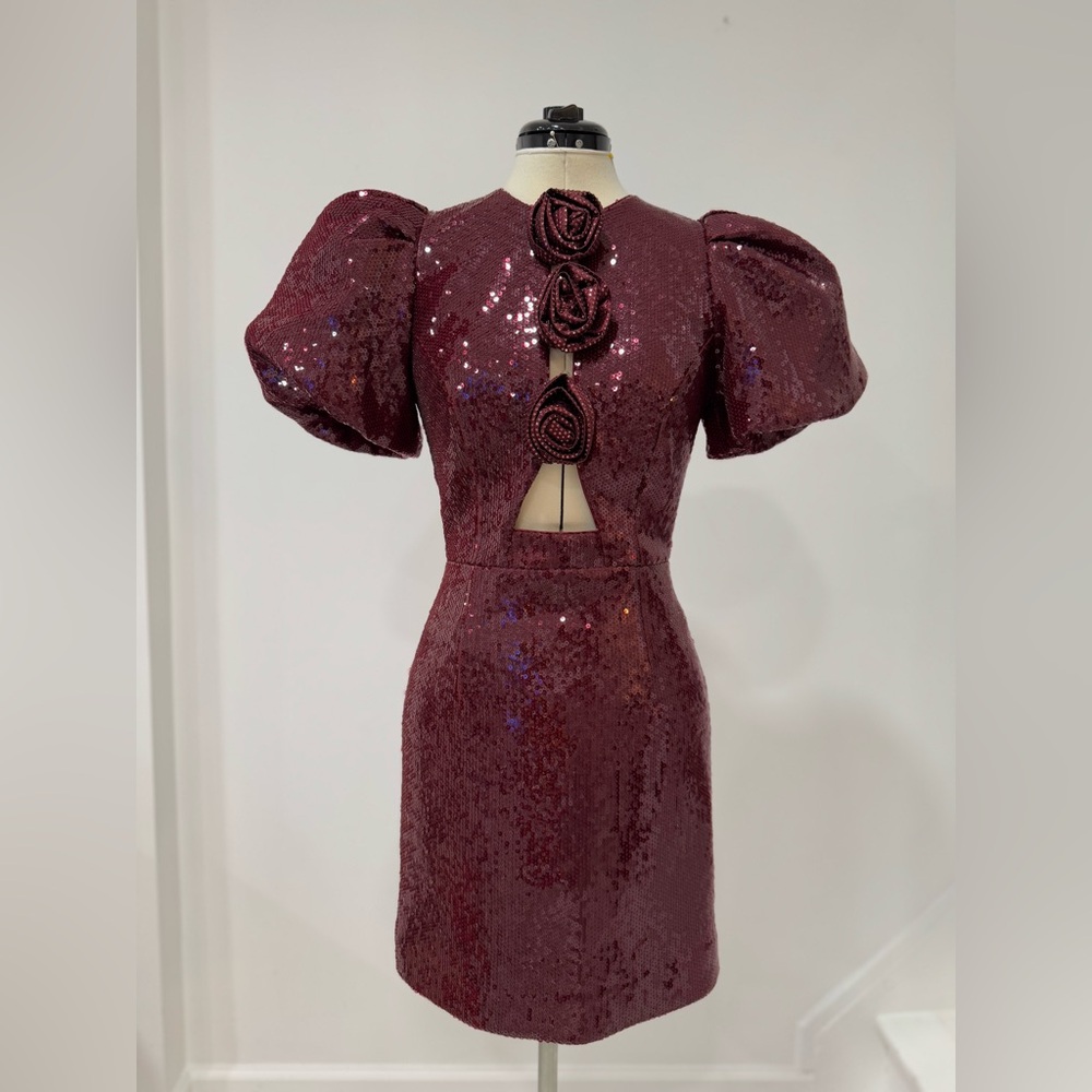 Rebecca Vallance Zelda puff-sleeve sequined mini dress burgundy - Picture 4 of 12